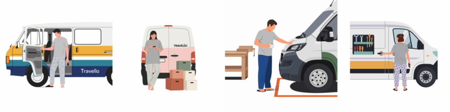 Flat illustration set depicting people in pajamas interacting with vans for travel, logistics, and small business work concepts.