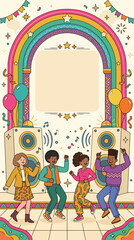 Fototapeta premium Vector Illustration of Children Dancing Under Rainbow with Balloons and Speakers in Festive Style for Party Decor
