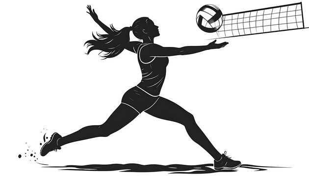 Silhouette of a female volleyball player in action, spiking the ball over the net during a game, dynamic sports illustration
