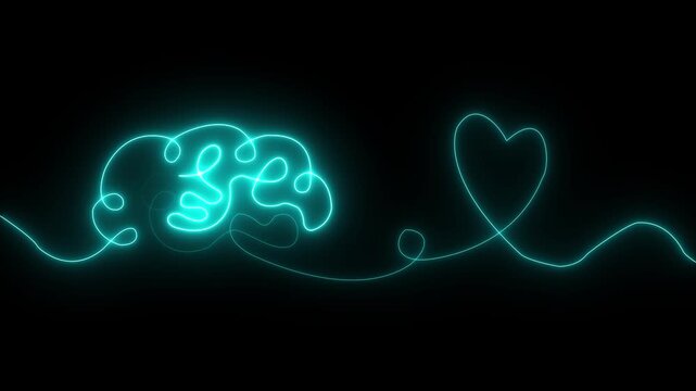Glowing syn neon Brain with heart inside. One line drawing. symbolizing balance of mind and feelings, psychology, emotional intelligence, love, mental health, connection of logic animation 4k video
