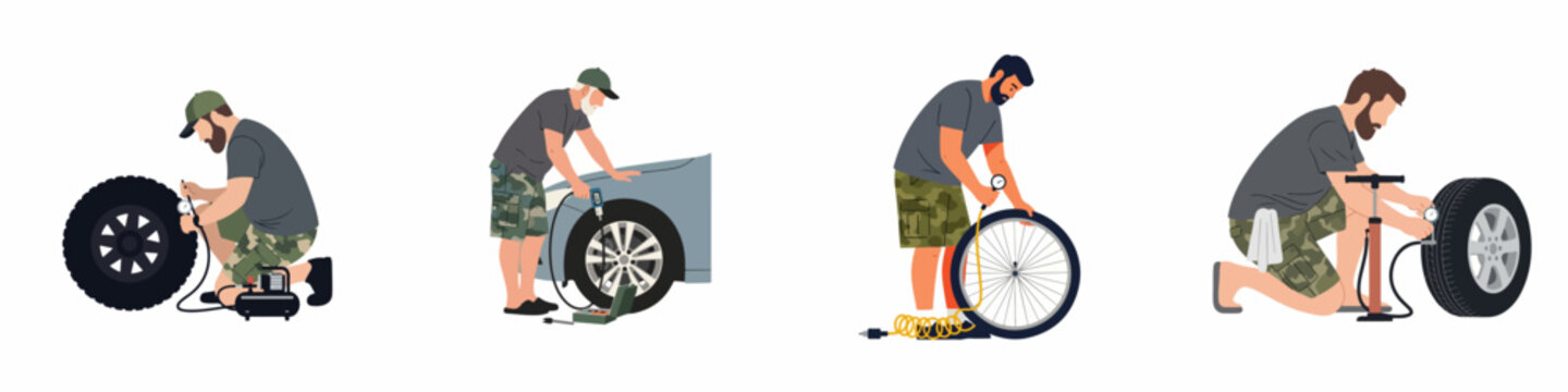 Vector illustrations set showing men inflating various tires including car, bicycle, and large wheels using different tools like compressors and manual pumps.