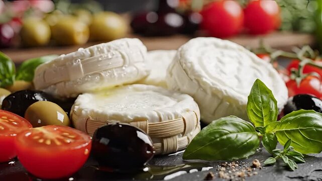 Fresh Goat Cheese with Tomatoes and Olives Appetizer Platter.