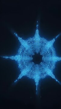 Blue Dot Sound Wave Pattern on Dark Background - This video features a circular, starburst-like pattern composed of numerous blue dots, resembling a sound wave equalizer or a digital compass.