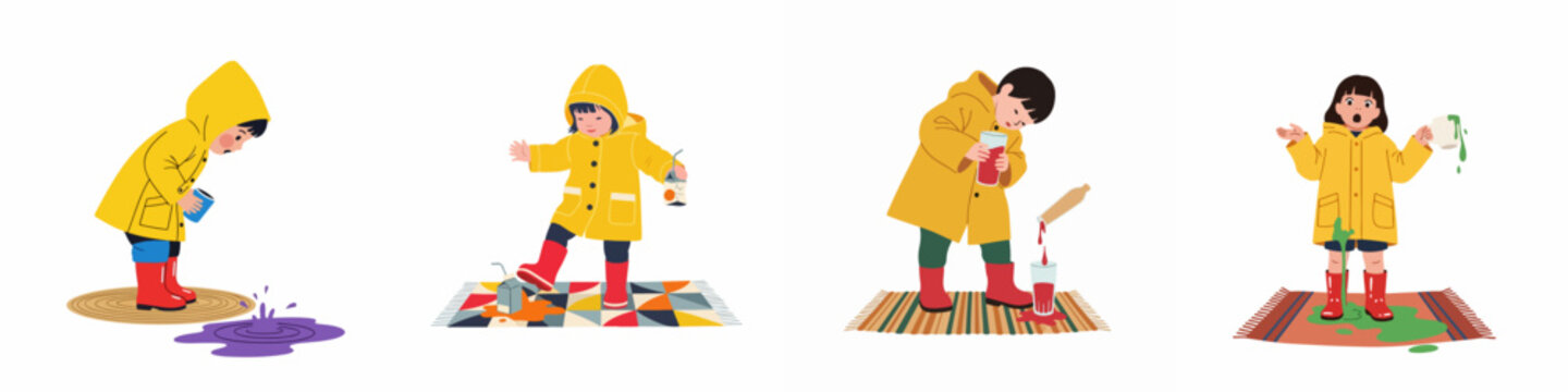 Set of illustrations showing children in yellow raincoats accidentally spilling colorful drinks and making a mess on various rugs.