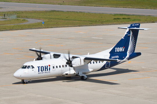 Niigata Prefecture, Japan - May 23, 2026: Toki Air ATR 42-600 (JA03QQ) parked on the apron with propellers turning after engine start at Niigata Airport