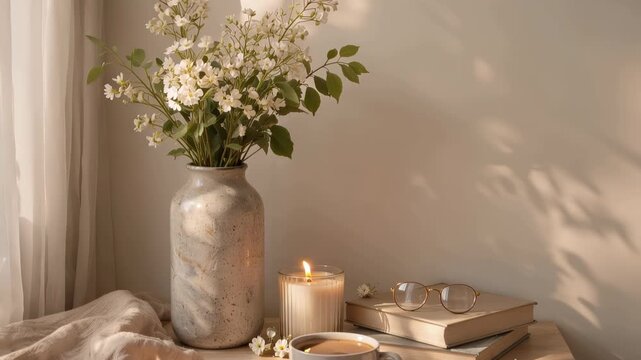 Sunlit still life of a ceramic vase filled with white blossoms on a windowsill beside a glowing candle, steaming cup of coffee, books and glasses in a cozy morning scene