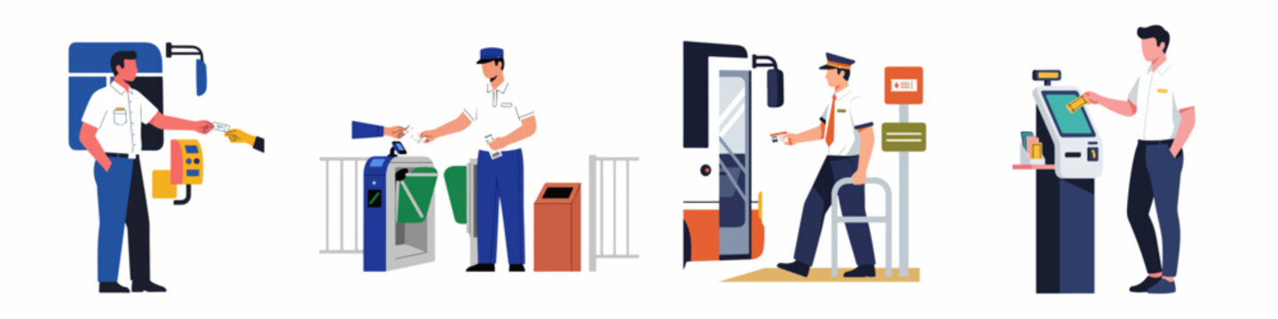 Set of Illustrations Showing Public Transportation Staff Validating Tickets, Assisting Passengers, and Using Ticket Kiosks at Stations and Bus Stops
