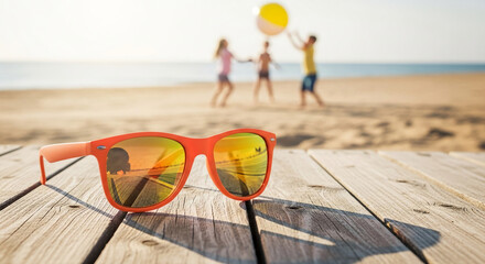 Orange sunglasses on a wooden surface with a blurred beach scene and children playing, symbolizing summer vacation and family fun