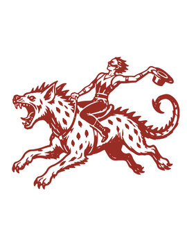A powerful graphic depiction showcases a daring acrobat expertly riding a ferocious, spotted canine-like beast in a dynamic pose, conveying a sense of thrilling performance and captivating