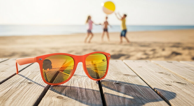 Orange sunglasses on a wooden surface with a blurred beach scene and children playing, symbolizing summer vacation and family fun