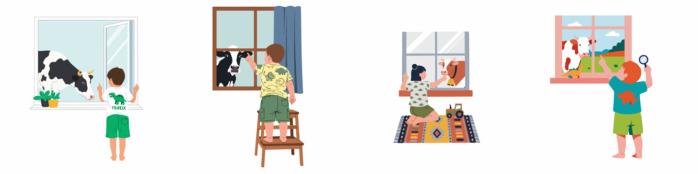 Set of four illustrations featuring curious children observing and interacting with cows through windows in a charming rural farm setting.