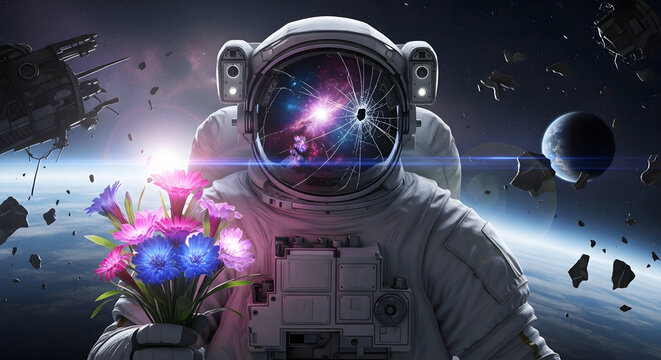 Astronaut holding a bouquet of colorful flowers in deep space with a cracked helmet visor reflecting a nebula and stars