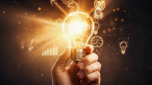 Hand holding a glowing light bulb surrounded by sketched icons of ideas, innovation, rocket, graphs, gears and magnifying glass, symbolizing creativity and business growth