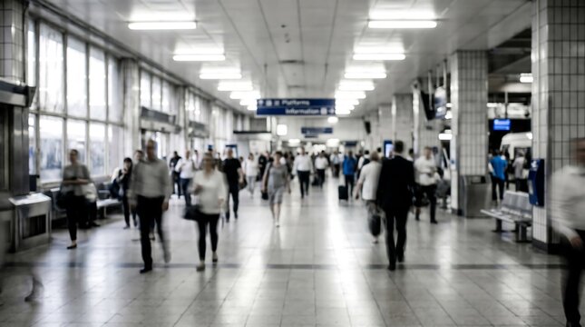 Commuters walking through a busy train station concourse