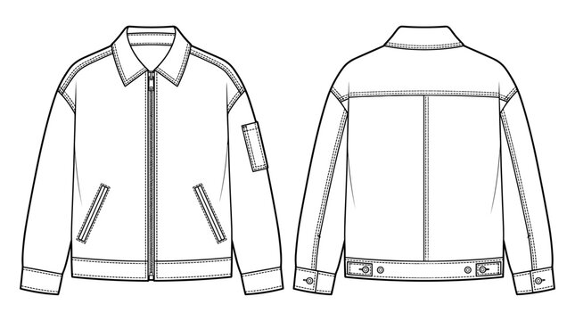 Zip work trucker jacket technical flat drawing illustration mock-up template for design and tech packs men fashion CAD streetwear utility workwear outer apparel.