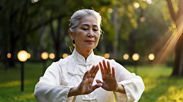 Serene Asian Elder Woman Practicing Tai Chi in a Sunlit Park.