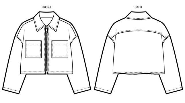 Cropped zip utility jacket wide collar flat technical drawing illustration mock-up template for design and tech packs women or unisex fashion CAD streetwear urban clothing.