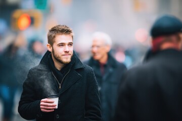 Naklejka premium Professional walks in a city street with a cup of coffee while people move around in the background during a busy day