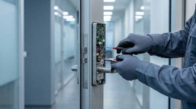 Technician repairing electronic access control system, Urban Off-Peak Logistics & Maintenance