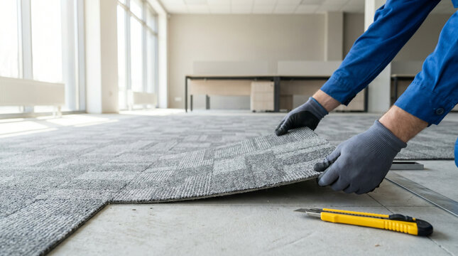 Technician installing carpet tiles in office space, Urban Off-Peak Logistics & Maintenance