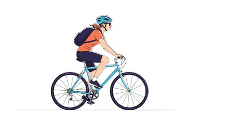 Fototapeta premium Active woman riding a blue bicycle outdoors while wearing a helmet, sunglasses, and a backpack for a healthy and eco-friendly commute.