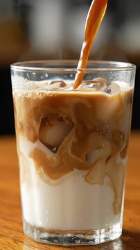 Coffee Pouring Into Cold Milk And Ice - A close-up shot shows dark coffee being poured into a glass filled with ice and cold milk. The liquids swirl together, creating a beautiful marble effect.