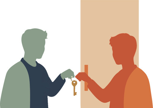 Two people exchanging keys in friendly handover gesture.