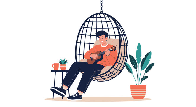 Young man relaxing in a black metal hanging egg chair while playing a small ukulele in a cozy living room with a coffee table and houseplant.