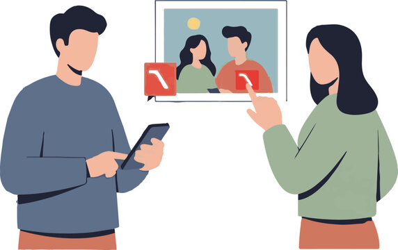 Couple sharing moments through mobile and video call.