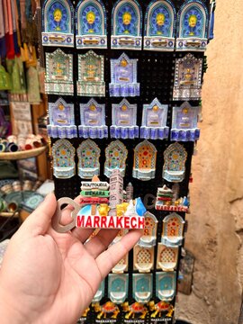Marrakech Souvenir Magnets Display in Moroccan Medina Market