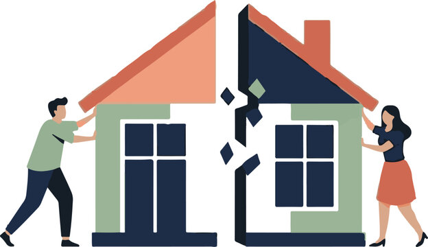 Couple breaking house apart symbolizing separation or divorce.