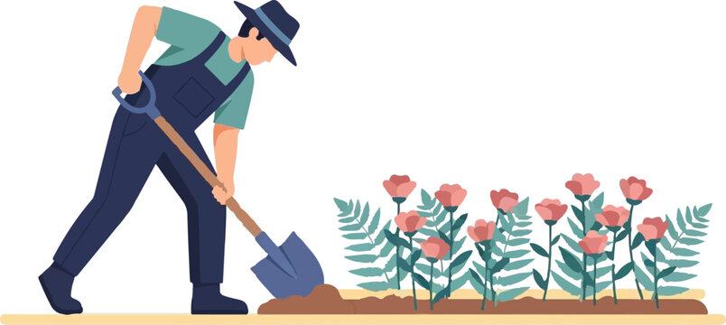 Gardener planting colorful flowers in well maintained garden plot.