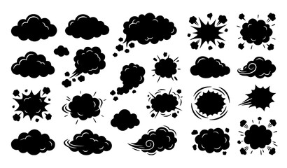 Black cartoon smoke burst and dust explosion cloud silhouette vector effects collection isolated on white background © abdul