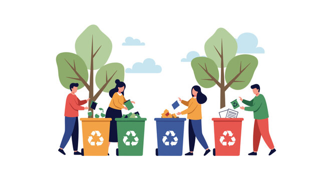 Group of diverse people sorting different types of waste into colorful recycling bins near green trees in an eco-friendly outdoor park.