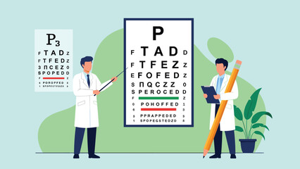 Fototapeta premium Two optometrists perform an eye examination using a large vision test chart to ensure healthy eyesight for their patients.