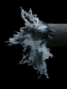 Close-up of a black pipe with a splash of water on it. the water is splashing out of the pipe, creating a chaotic and dynamic scene.