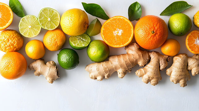 Fresh citrus fruits and ginger roots arranged on a clean white background with vibrant oranges limes and lemons showcasing natural textures and colors