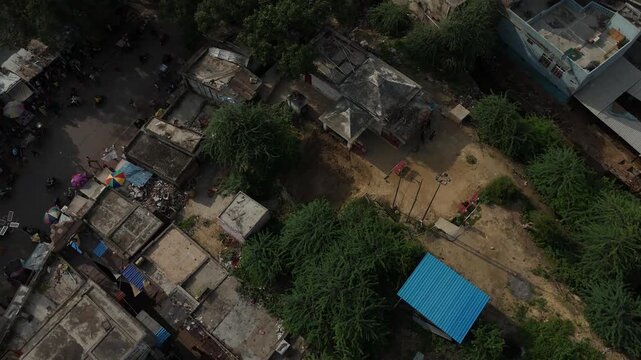 Aerial view of historic Kans Qila and the ancient Akhada area near Yamuna River, Mathura.