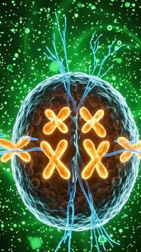 Dynamic CGI Visual of Cell Division and Chromosomes - This detailed 3D animation depicts the process of cell division, showcasing the alignment of chromosomes at the cell's equator.