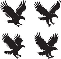 Fototapeta premium Collection of four black eagle silhouettes in flight or landing poses isolated on a white background, for and projects