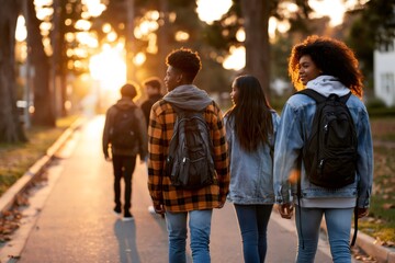 Obraz premium Students walking together on campus road at sunset