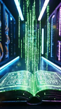 Futuristic Digital Book in Data Center - A glowing, open book displays futuristic digital code, with cascades of binary code falling from above in a dark, high-tech server room.