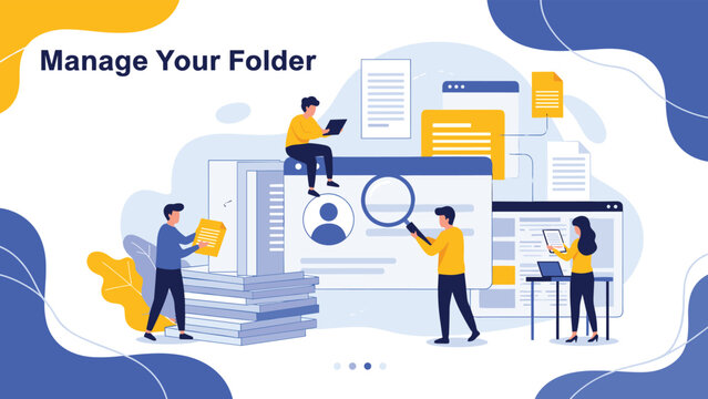 Diverse group of office workers managing digital folders and documents in a conceptual and collaborative workspace environment.