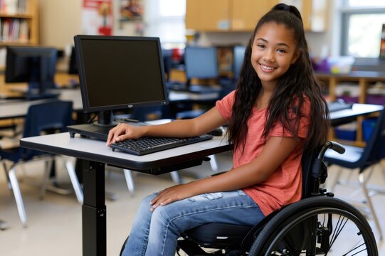 Young student in wheelchair learning with computer technology