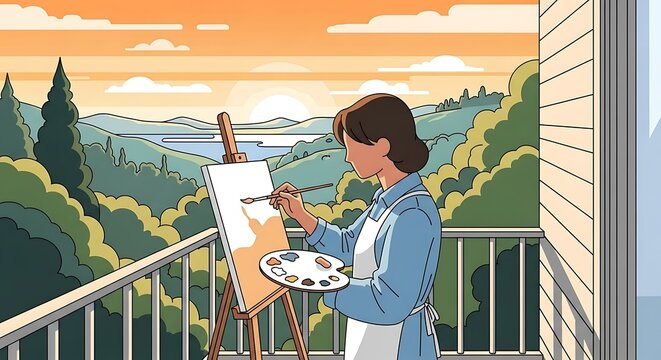 Woman enjoying breakfast with scenic city view.