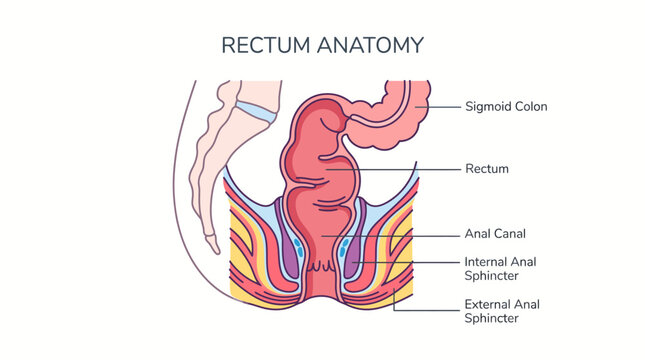 Detailed anatomical illustration of the human rectum and surrounding structures including the anal canal and sphincters.