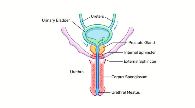 Detailed diagram illustrating the male urinary system, including the bladder, ureters, prostate gland, sphincters, urethra, and corpus spongiosum.