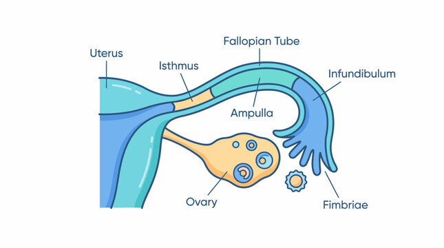 Detailed diagram illustrating the female reproductive system with labeled parts like uterus, fallopian tube, ovary, and fimbriae.