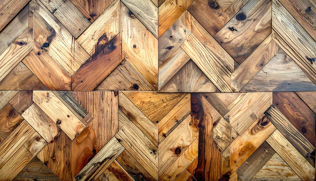 Rustic wooden wall paneling with a herringbone pattern, textured surface, showing natural wood grain and imperfections, aged look.