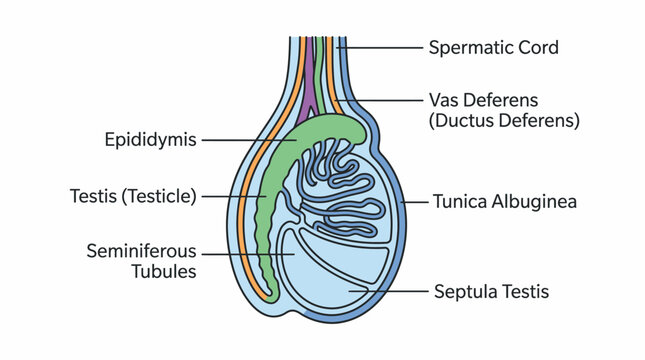 Anatomical diagram illustrating the internal structure of the human testis with labeled components like epididymis, vas deferens, and seminiferous tubules.